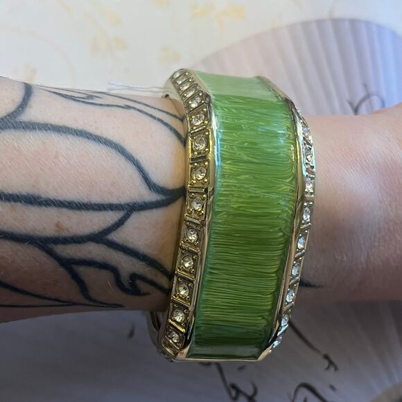 Vintage Green Enamel Gold Tone and Rhinestone Chunky Square Clamper Bracelet - Picture 3 of 8